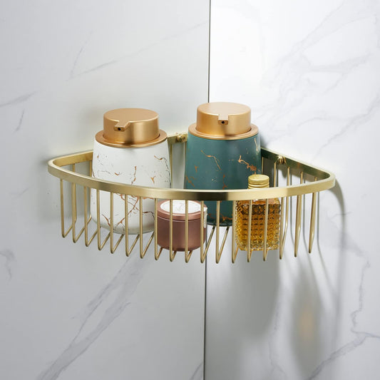 Bathroom Shower Caddy Corner Shelf Basket, Ultra Sturdy Rust-Proof Stainless Steel Shelf Organizer Shampoo Holder, Wall Mounted Storage Rack for Bathroom Kitchen, Brushed Gold