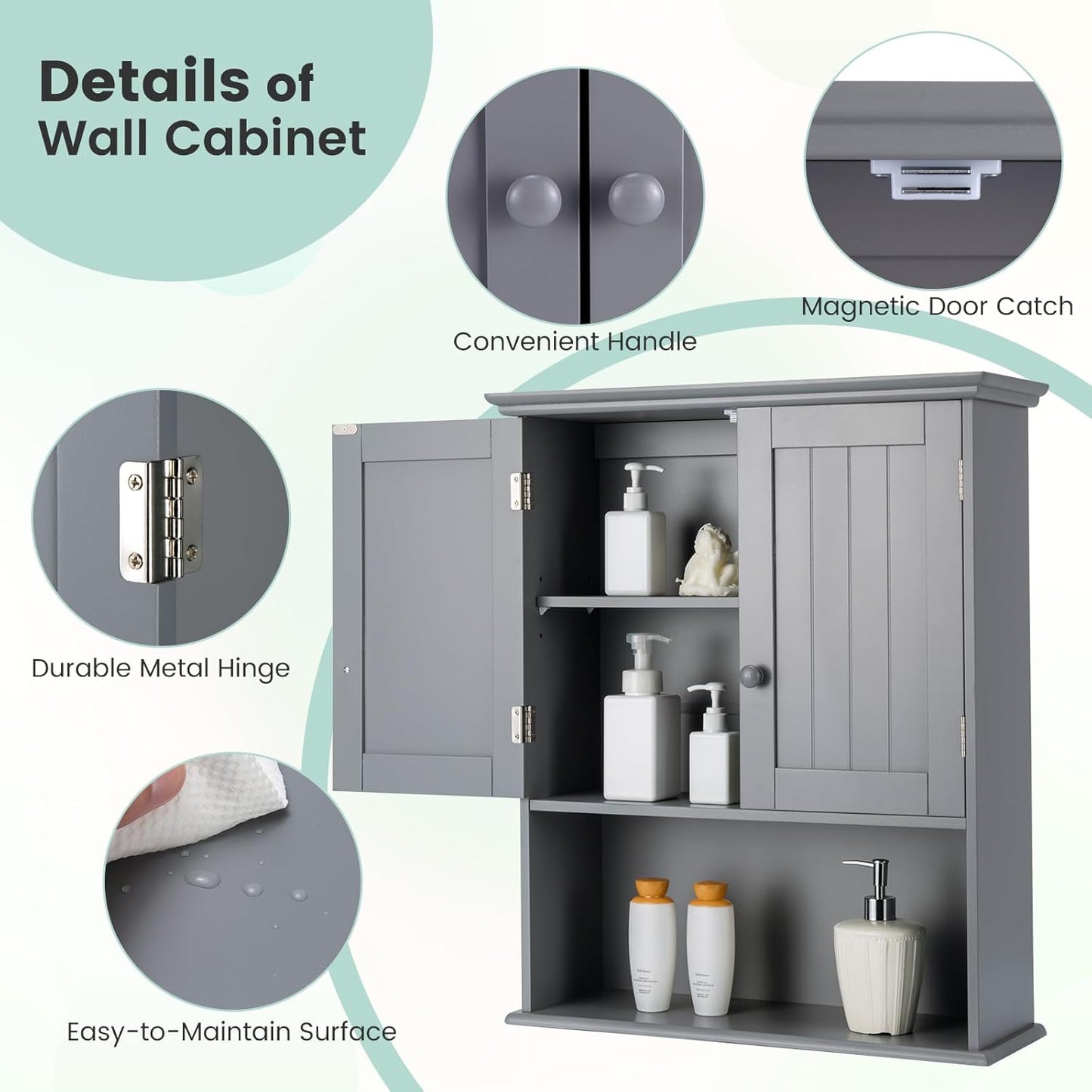 Giantex Medicine Cabinets, Wall Mounted Bathroom Cabinet with Adjustable Shelf, 2-Door, Bathroom Storage Cabinet Over The Toilet, Living Room, Kitchen, Laundry Room, Cupboard (Gray)