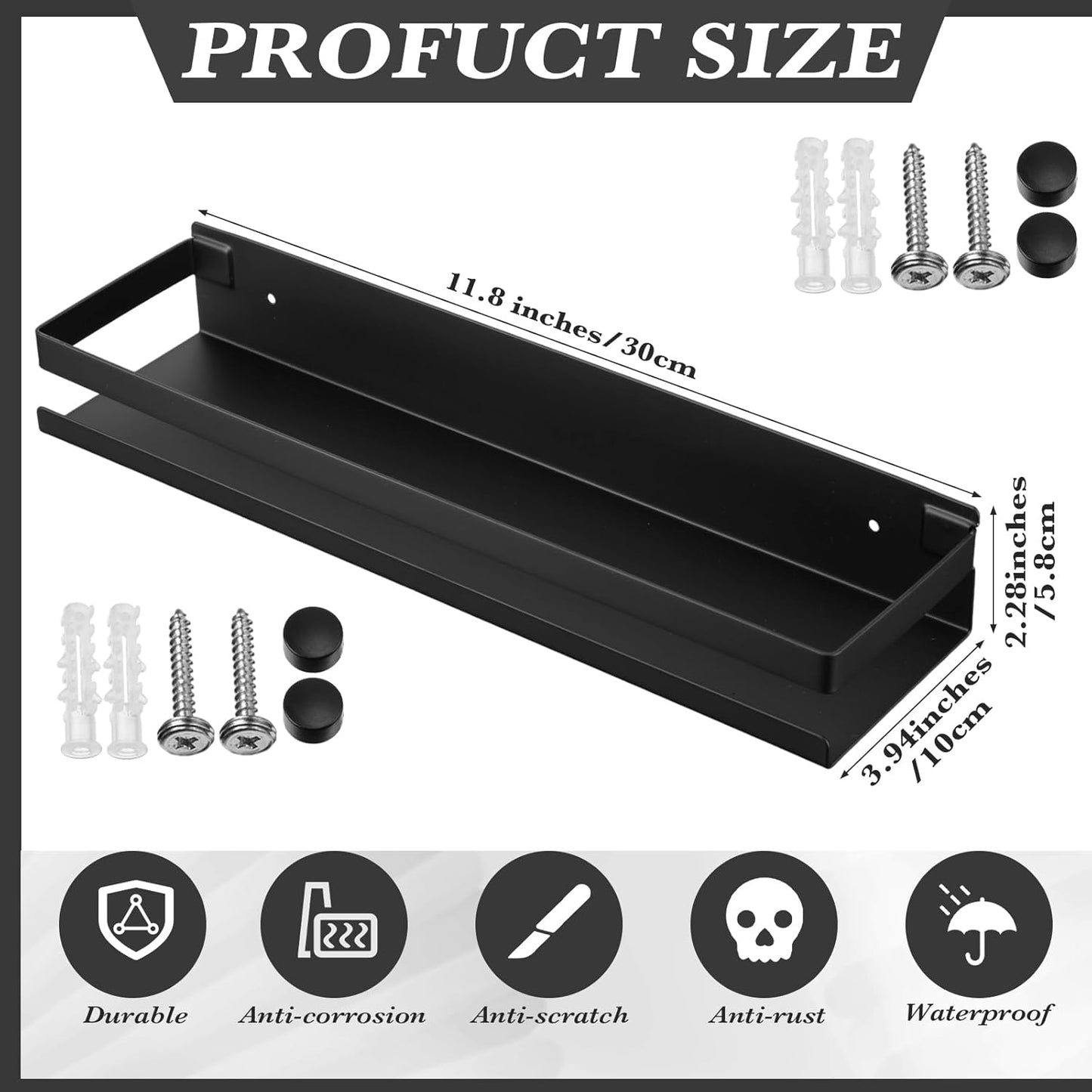 Lallisa 2 Pieces Stainless Steel Shelf Bathroom Shower Floating Shelves Wall Mounted Shower Caddy Basket Shelf Storage Organizer Shelves for Bathroom, Kitchen, Living Room (Black,11.81 Inch/ 30 cm)