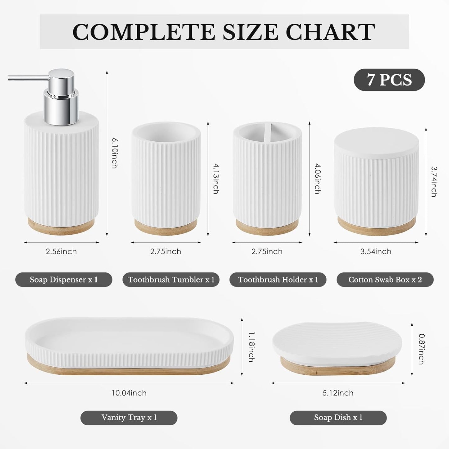 Bathroom Accessories Set, 7PCS Resin Bathroom Set with Bamboo Base, with Soap Dispenser, Q-tip Holder, Toothbrush Holder, Tumbler, Soap Dish, Vanity Tray, Complete Bathroom Set for Modern Decor,White