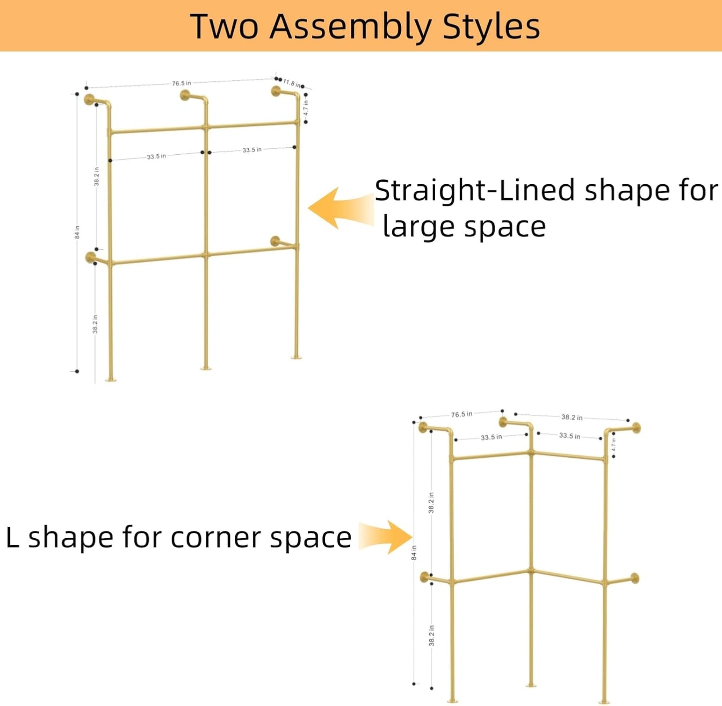 Industrial Pipe Gold Clothing Racks Wall Mounted, Rustic Gold Industrial Pipe Clothes Rack Design - Stylish & Heavy Duty Corner Garment Racks, Perfect for Home or Retail Display