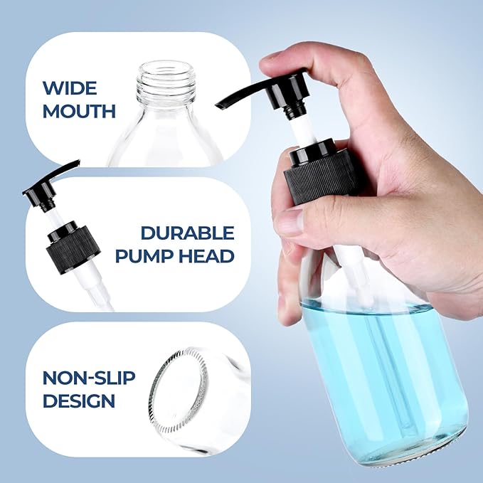 Glass Pump Bottle Dispenser 4 oz, 3 Pack, Black Caps, Labels - Glass Bottles with 1 Extra Pump Tops