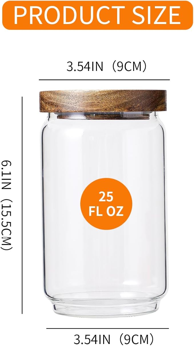 Glass Jar with Lid 3.54 Inch Wide, 25 OZ Airtight Food Storage Containers Glass Set for Coffee Beans| Sugars| Candy, 2 Pack