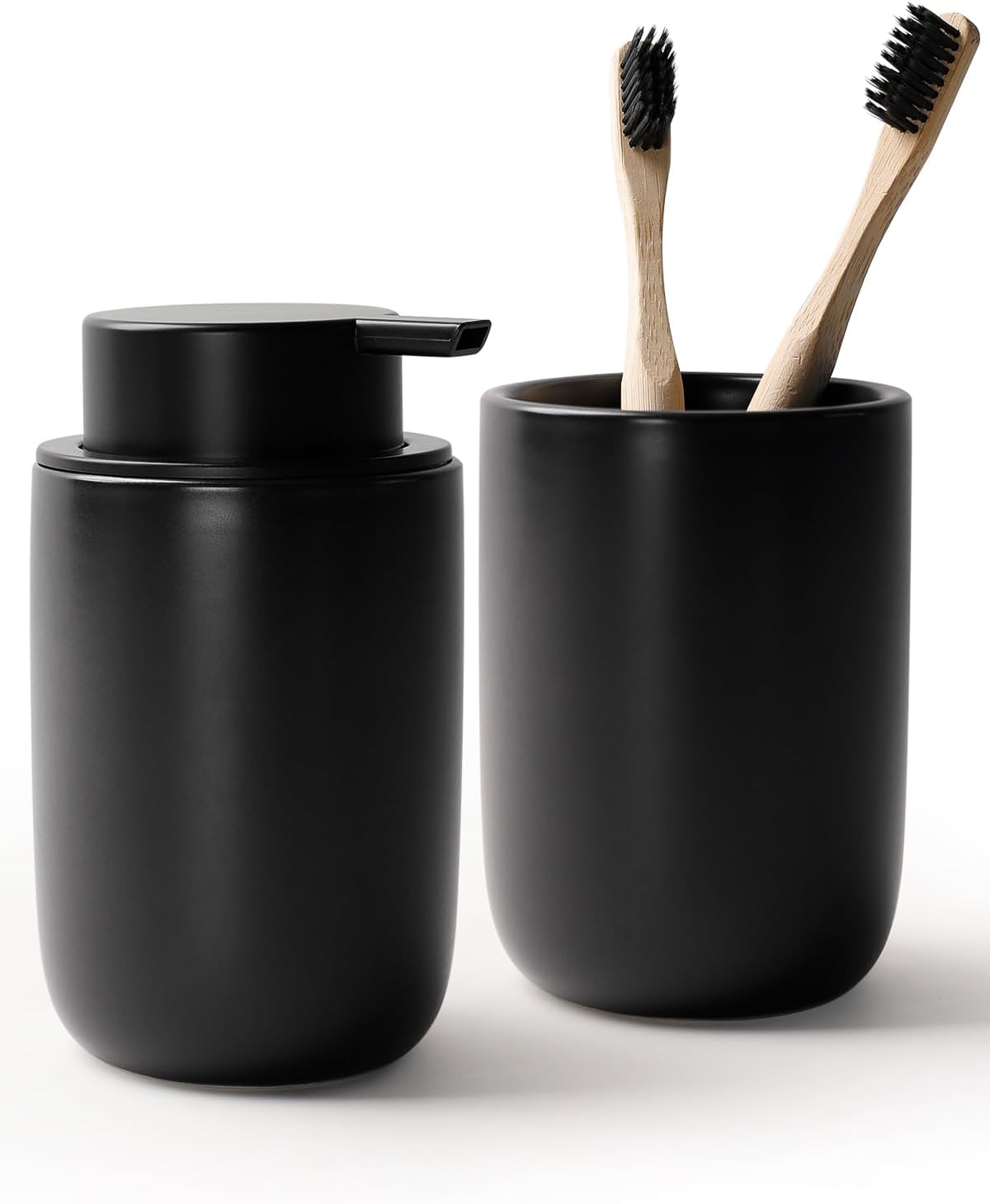 Bosilunlife Soap Dispenser and Toothbrush Holder Set - 11Oz Foam Soap Dispenser Pump Ceramic Bathroom Counter Soap Toothbrush Holder Set Black Bathroom Accessories Set