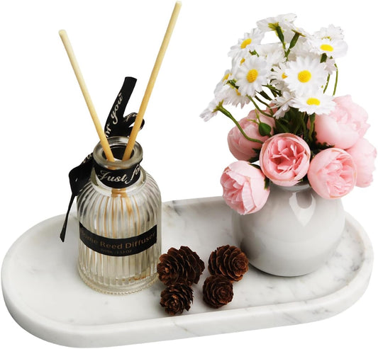 White Marble Vanity Tray for Bathroom Counter, 10"x5" Decorative Tray for Perfume, Candles, Stone Jewelry Dish Tray (White, 9.8X4.7)