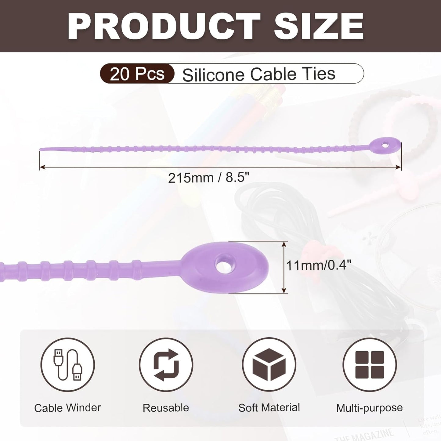 uxcell 20 Pcs Silicone Ties Bag Clip, 8.5 Inch Multi Purpose Silicone Zip Ties Reusable Rubber Zip Tie, Cable Strap Cord Organizer for Home Office Food Bag Wires Cables, Purple Red