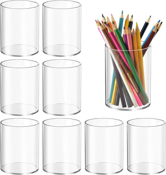 8 Pieces Clear Acrylic Pen Holder Round Acrylic Pencil Cup Clear Makeup Bush Holder Acrylic Desktop Stationery Organizer for Office School Home Desk Accessories (8 Pack, Round)