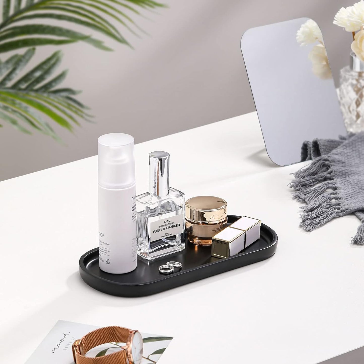 Luxspire Bathroom Vanity Tray Kitchen Soap Tray, Oval Toilet Tank Tray, Bathroom Countertop Organizer Tray for Jewelry Perfume Soap Dispenser Candle - 9.8 Inch, Matte Ink Black