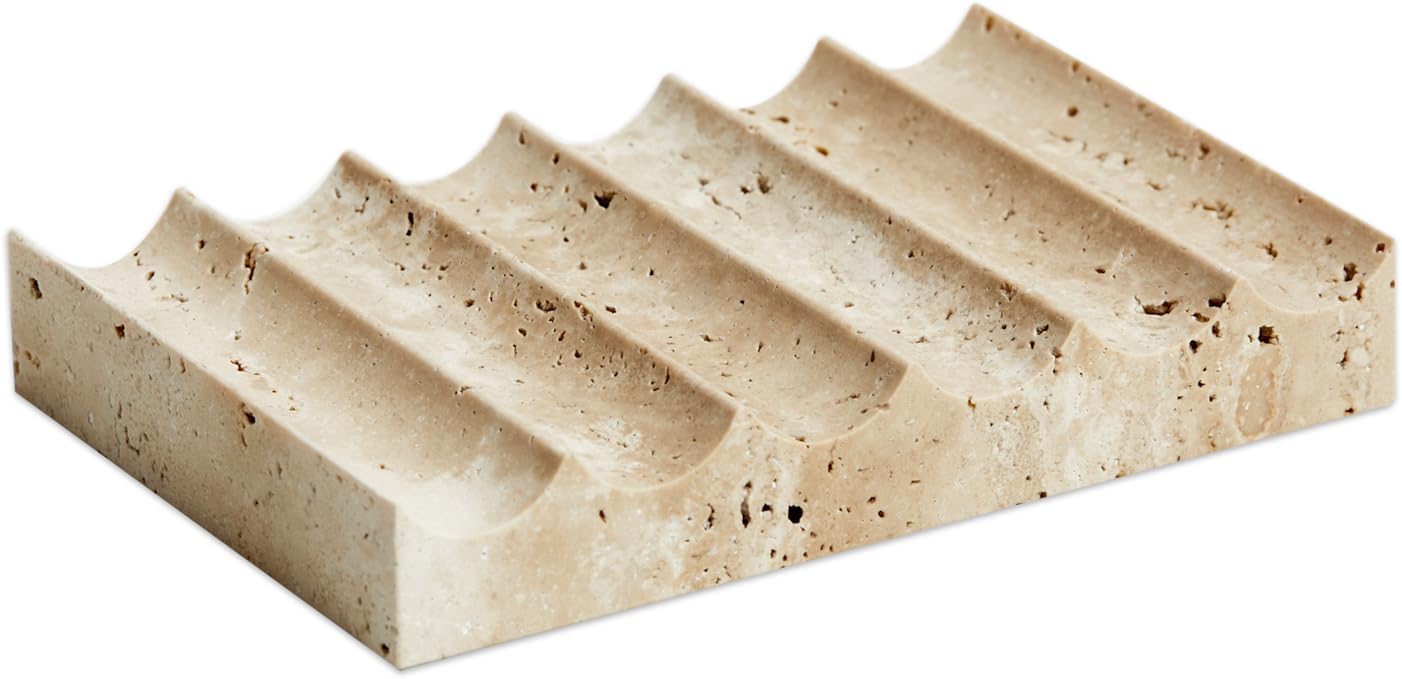 Luxury Travertine Soap Dish Marble Jewelry Ring Tray - Rectangle Marble Soap Tray & - Self Draining Soap Holder for Bathroom, Kitchen, Beige Travertine