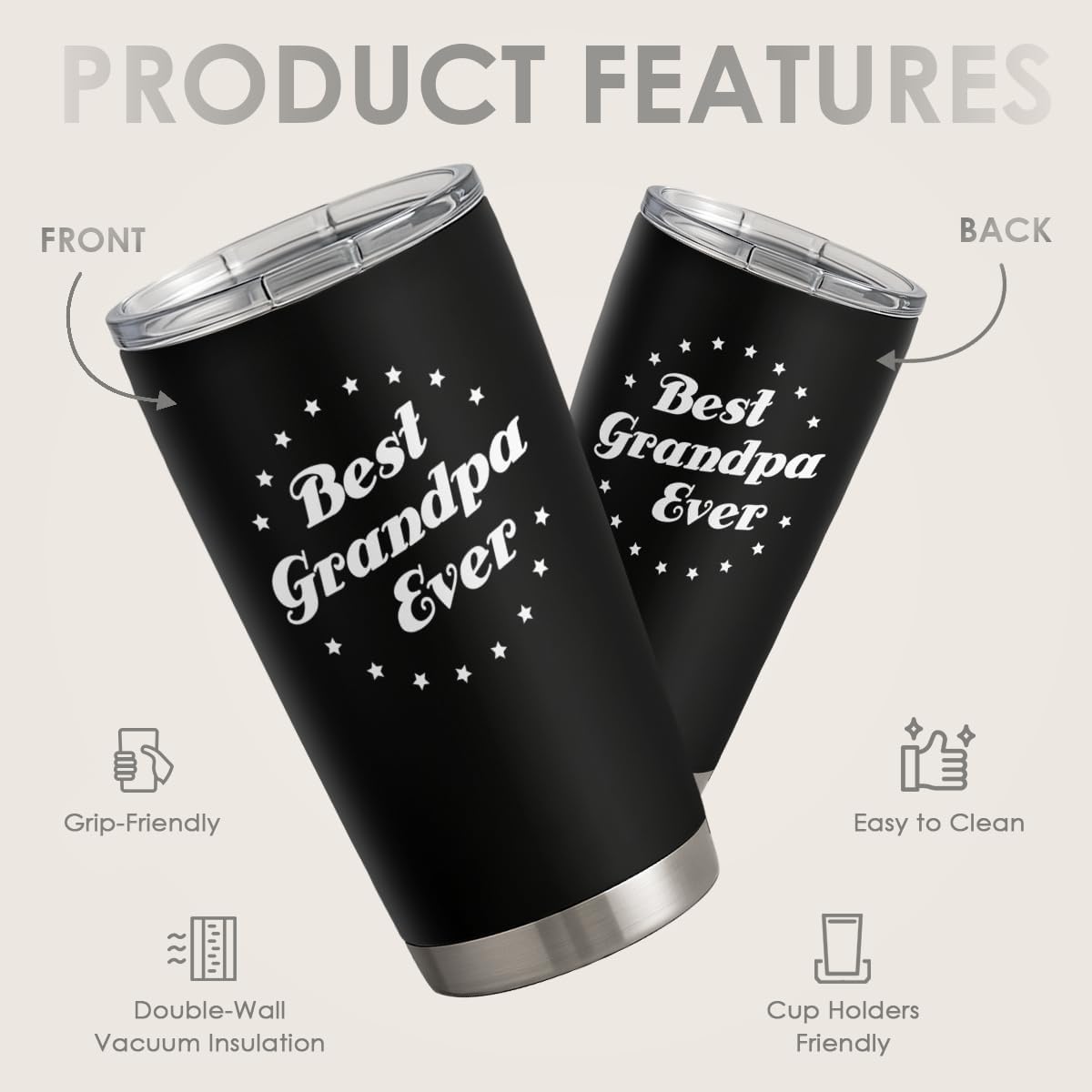 SANDJEST Tumbler Best Grandpa Ever Gift Set for Papa, Grandfather - 20oz Insulated Travel Mug - Great Christmas Father's Day, Birthday, Christmas Gifts (Black - Grandpa)