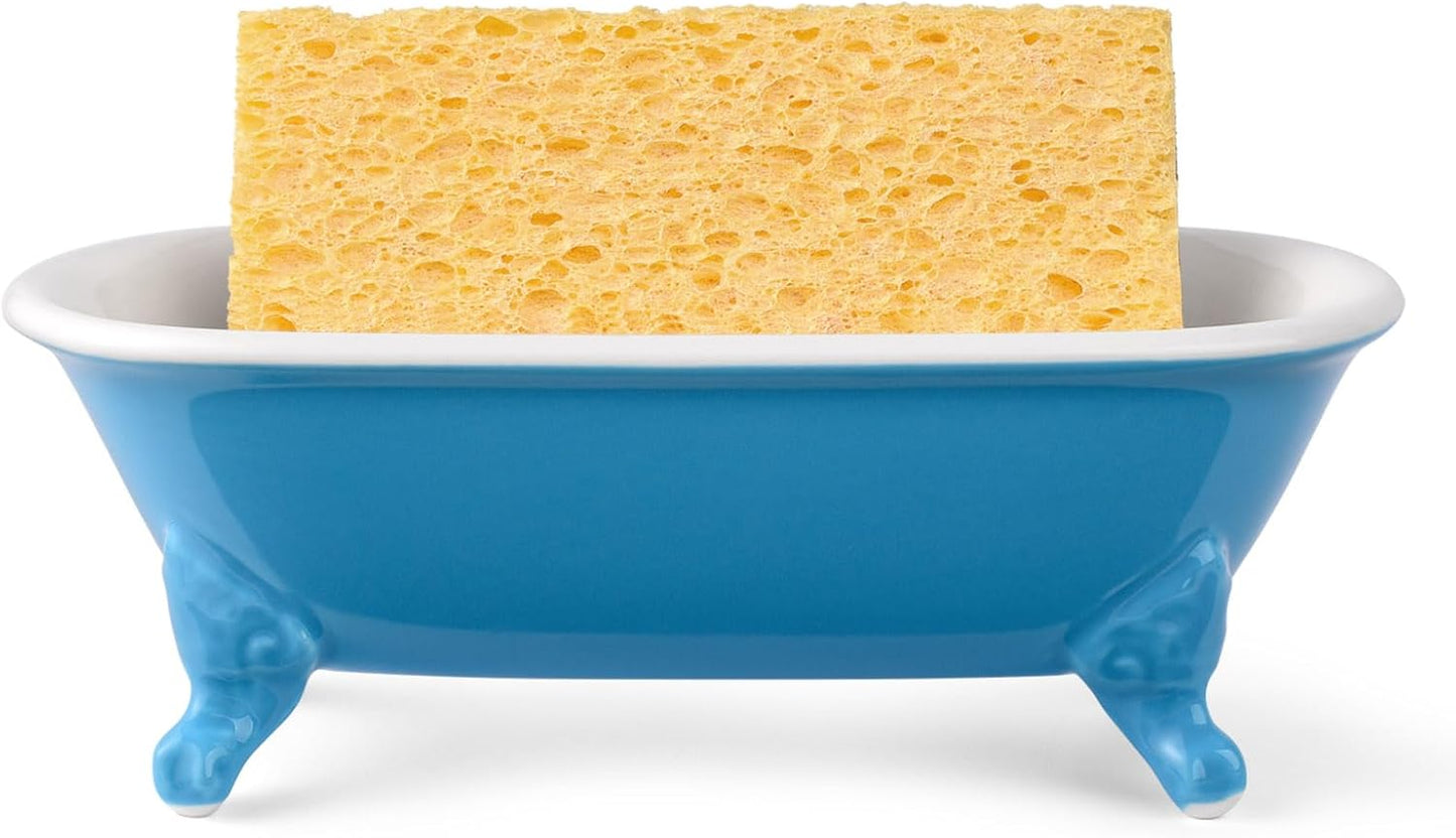 6.5" Ceramic Mini Decorative Clawfoot Bathtub Bar Soap Dish, Kitchen Sponge Holder and Shower Tray for Bathroom, 1 Pack(Pacific Blue)