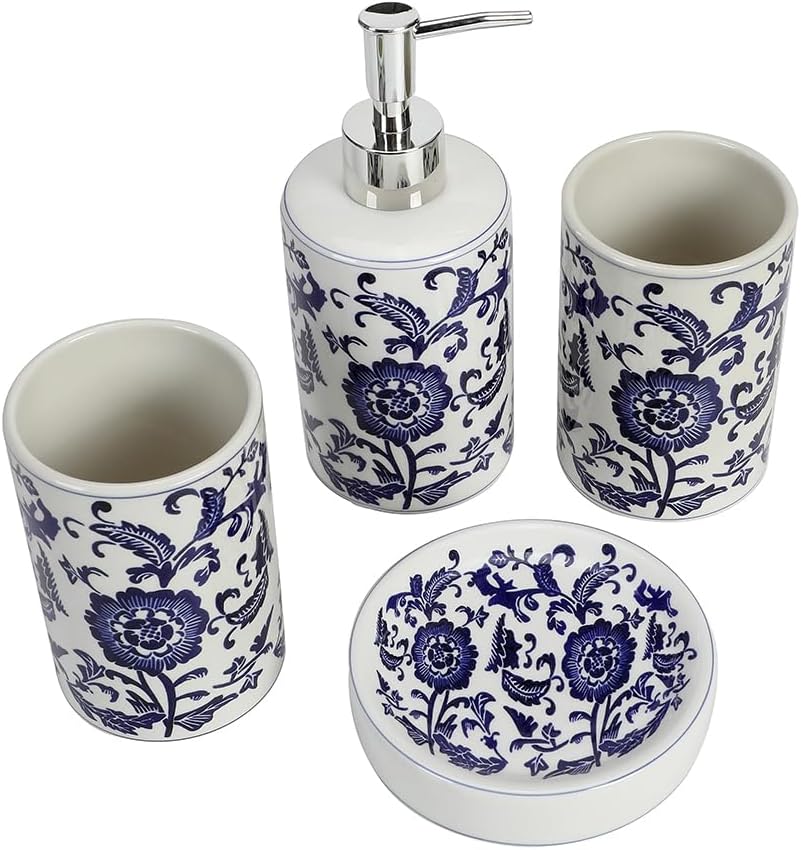 Chinese Blue and White Porcelain Bathroom Set – 4-Piece Ceramic Bath Accessory Set with Lotion Dispenser, Toothbrush Holder, Tumbler, and Soap Dish