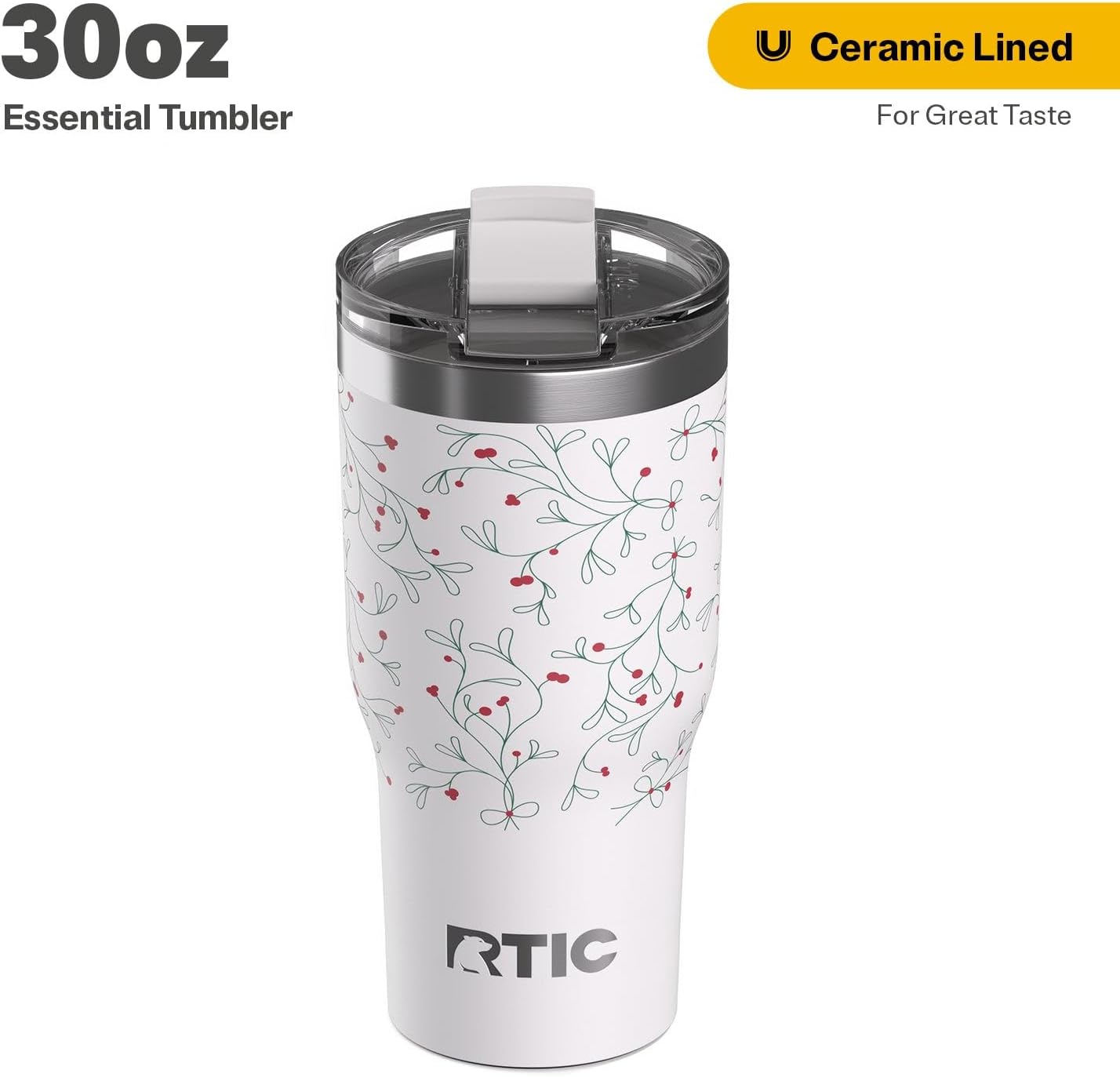 RTIC 30oz Essential Tumbler with Lid, Ceramic Lined, Insulated, Stainless Steel, Metal, Double Wall Vacuum-Insulation, Travel Cup for Iced Coffee, Tea, Hot and Cold Drink, Mistletoe