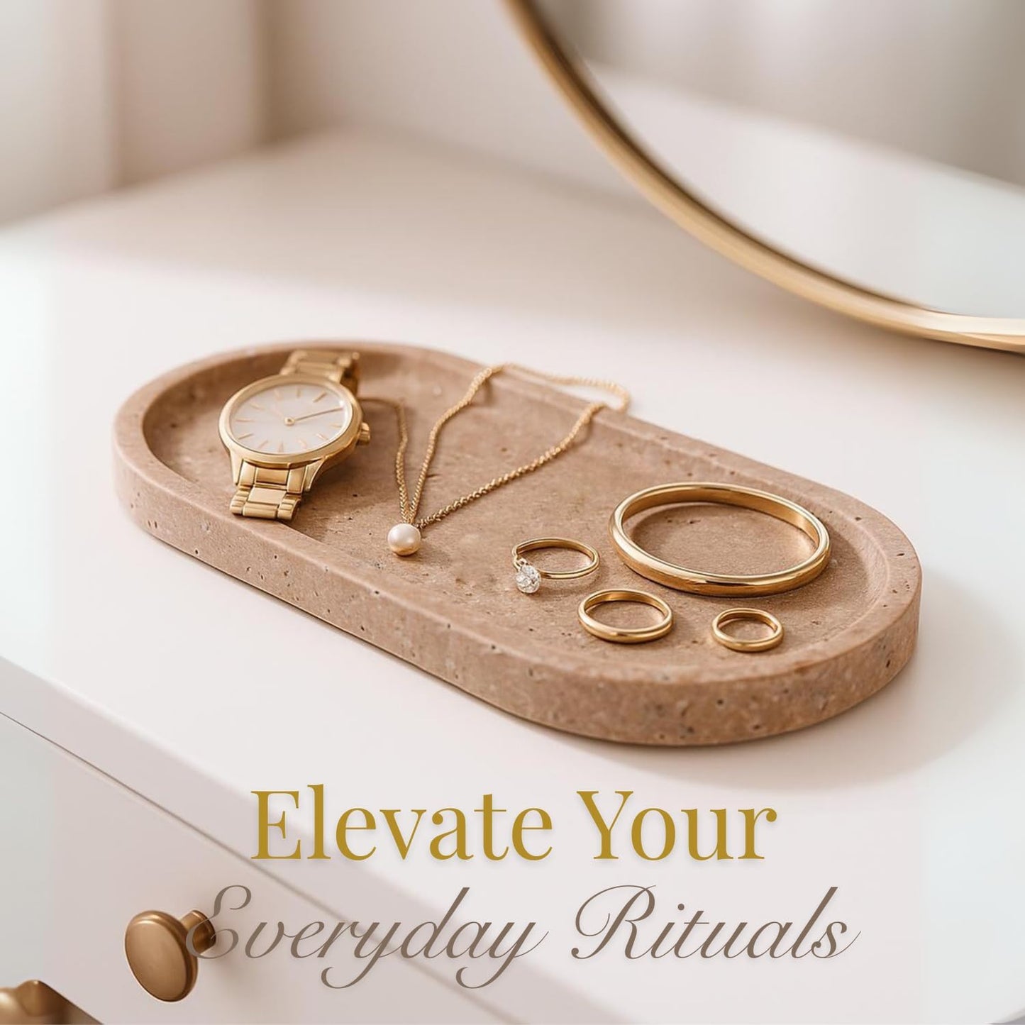 Handcrafted Travertine Tray – Bathroom Counter Organizer, Jewelry Tray, Perfume Organizer & Decorative Tray for Vanity Accessories, Coffee Table Decor & Bathroom Countertop (Oval, Noce)