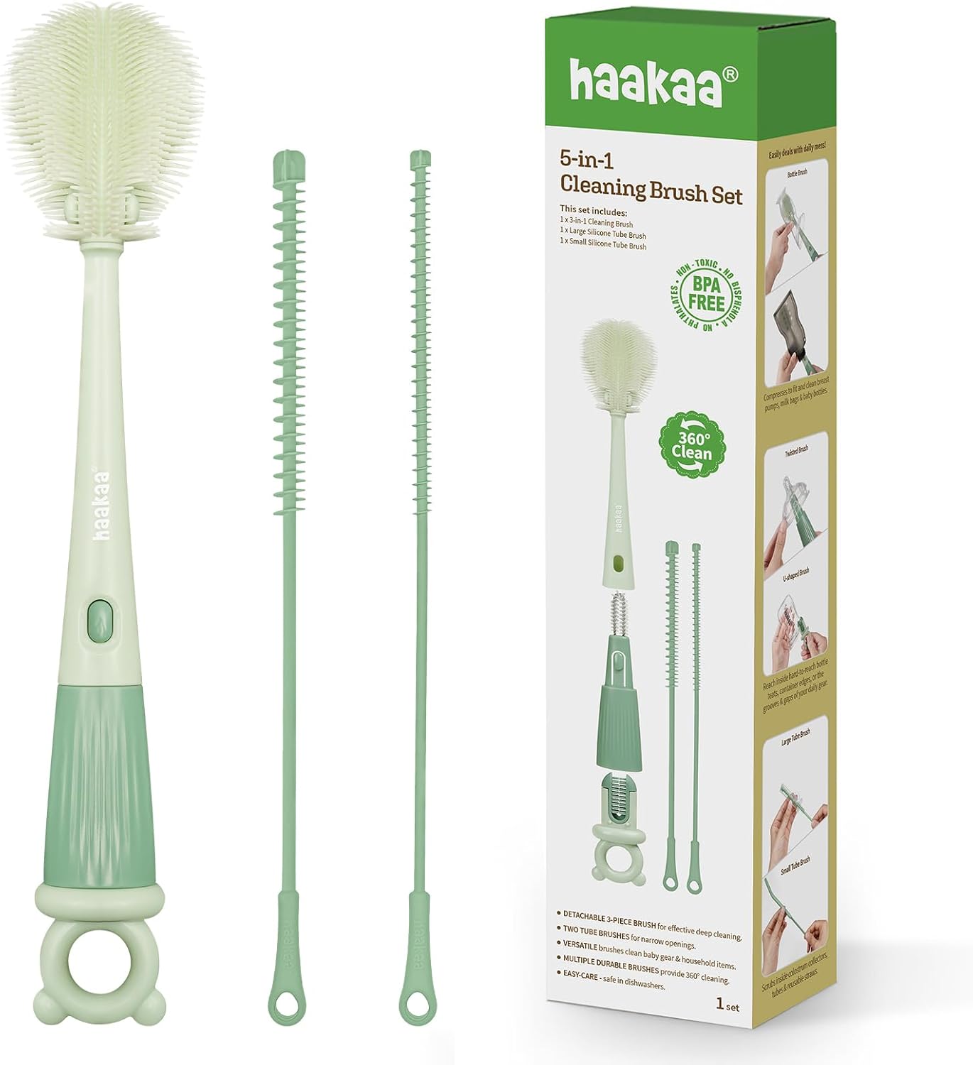 Haakaa 5-in-1 Cleaning Brush Set – Baby Bottle Brush & Bottle Brush Cleaner, Multi-Purpose 360° Comprehensive Cleaning for Breast Pumps, Breast Milk Collector, Baby Bottles, Nipples ,Straw – Portable