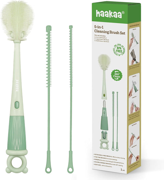 Haakaa 5-in-1 Cleaning Brush Set – Baby Bottle Brush & Bottle Brush Cleaner, Multi-Purpose 360° Comprehensive Cleaning for Breast Pumps, Breast Milk Collector, Baby Bottles, Nipples ,Straw – Portable