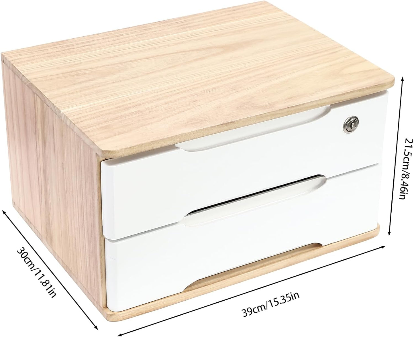 2-Tier Wooden Desktop Storage Box Desk Organizer with 2 Drawers and Lock Countertop Drawers Organizer for Office Supplies File Paper Cosmetic Jewelry, 15.4x11.8x8.5 in (Light Brown and White)