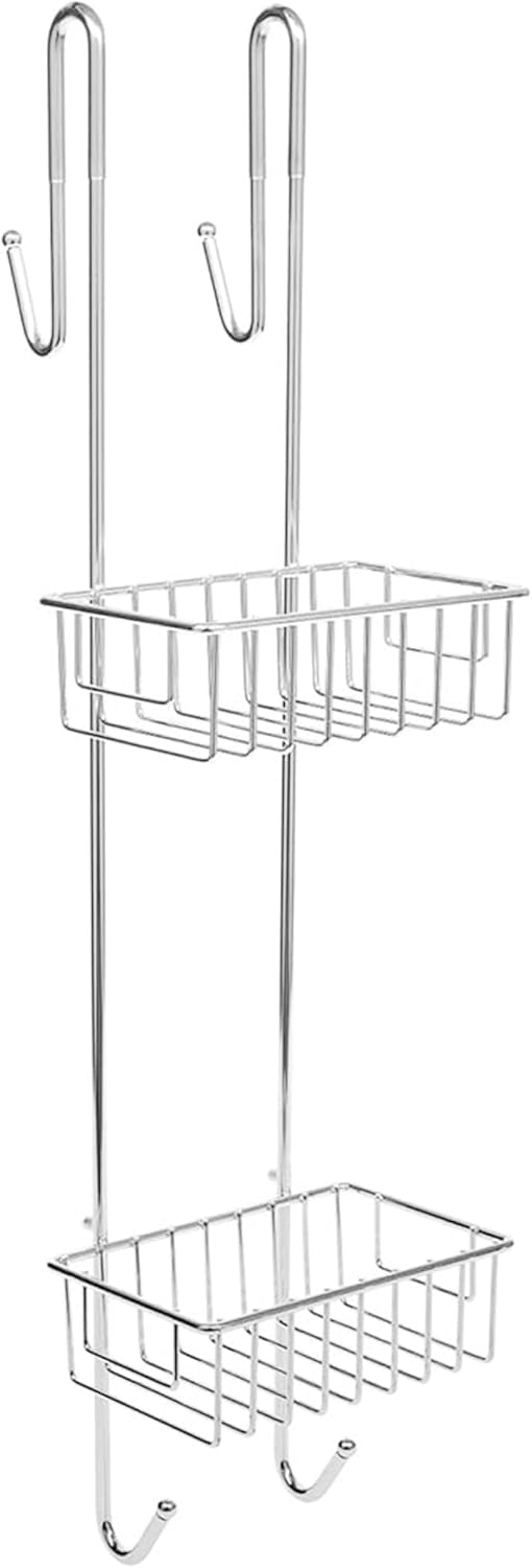 Bamodi Shower Caddy Hanging - 2 Tier Over Door Chrome Plated - No Drilling Required - Fits Shower Screens up to 0.78 inches - Hangable Shower Rack with 2 Towel Hooks (27.5 x 7.5 x 7.3 INCHES)
