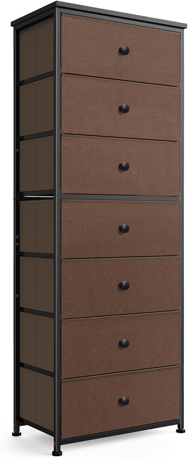 Tall Fabric Dresser for Bedroom, Vertical Storage Organizer Tower with 7 Drawers, Chest of Drawers with Bins, Steel Frame, Wood Top for Bedroom, Closet, Entryway Grey