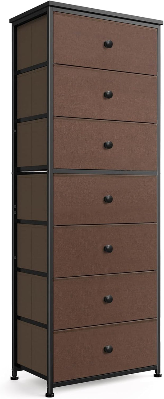 Tall Fabric Dresser for Bedroom, Vertical Storage Organizer Tower with 7 Drawers, Chest of Drawers with Bins, Steel Frame, Wood Top for Bedroom, Closet, Entryway Grey
