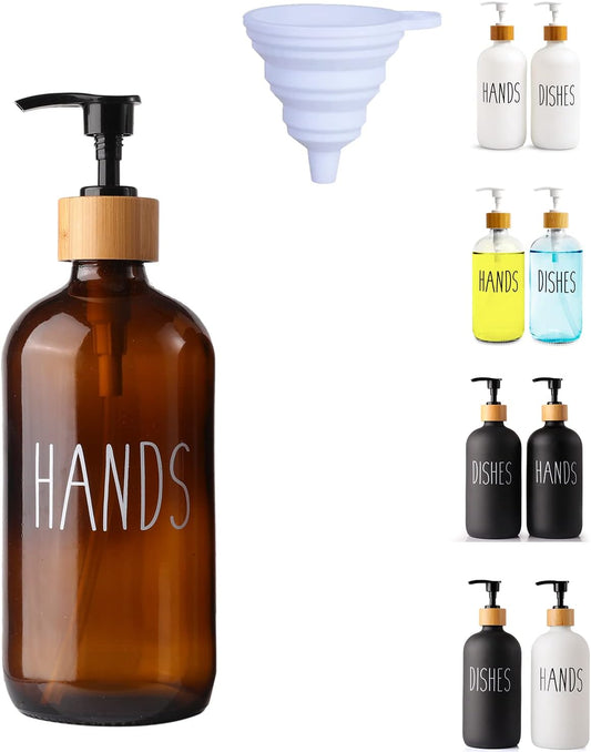 Hand Amber Glass Soap Dispenser with Pump, Amber Hand Soap Dispenser, Refillable Reusable Apothecary Soap Pump Dispenser Bottles for Bathroom and Kitchen Use