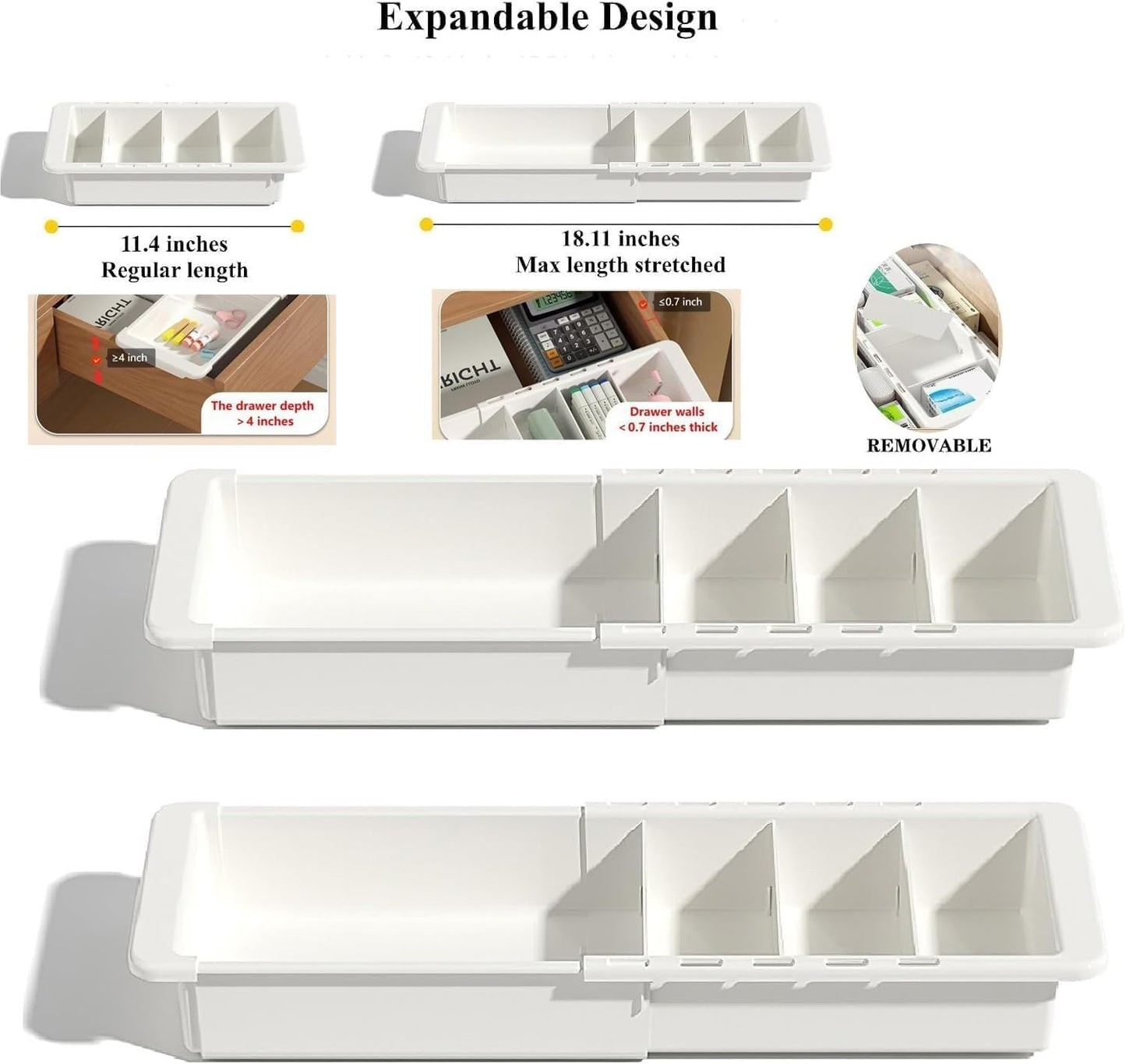 EooUooIP Sliding Drawer Tray with Adjustable Dividers, Expandable Kitchen Storage Organizer, Sliding Drawer Bin, Expandable Drawer Organizer, 2 PCS Drawer Organizer Trays For Utensils, Flatware, Junks