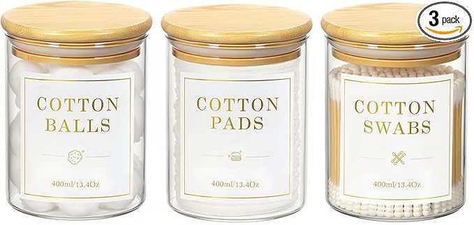 Luxspire 3 Pack Glass Qtip Holder Dispenser, 13.4 oz Cotton Swab Holder with Bamboo Lids, Glass Apothecary Jars Bathroom Accessories Canisters for Cotton Swabs, Balls, Pads, Floss Picks