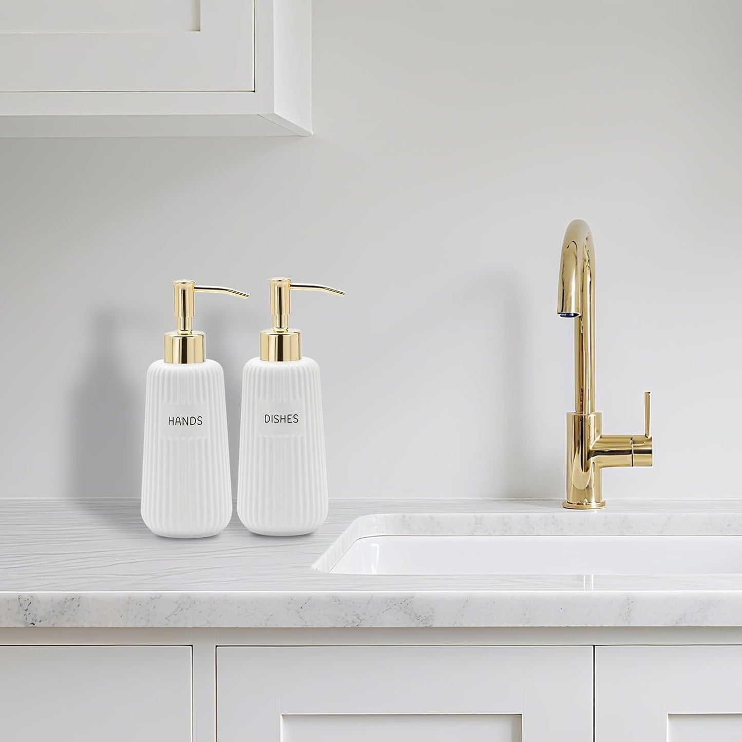 Kitchen Soap Dispenser Set with Gold Stainless Steel Pump and Funnel, Modern Ceramic Refillable Hand and Dish Soap Dispenser Set for Kitchen, Bathroom, Office, Hotel, Matte White
