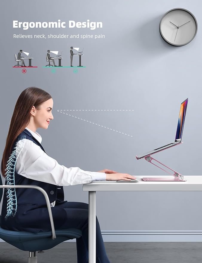 Lamicall Adjustable Laptop Stand, Portable Laptop Riser, Aluminum Laptop Stand for Desk Foldable, Ergonomic Computer Notebook Stand Keyboard Platform for MacBook Air Pro, Dell XPS (10-17.3'') -Pink