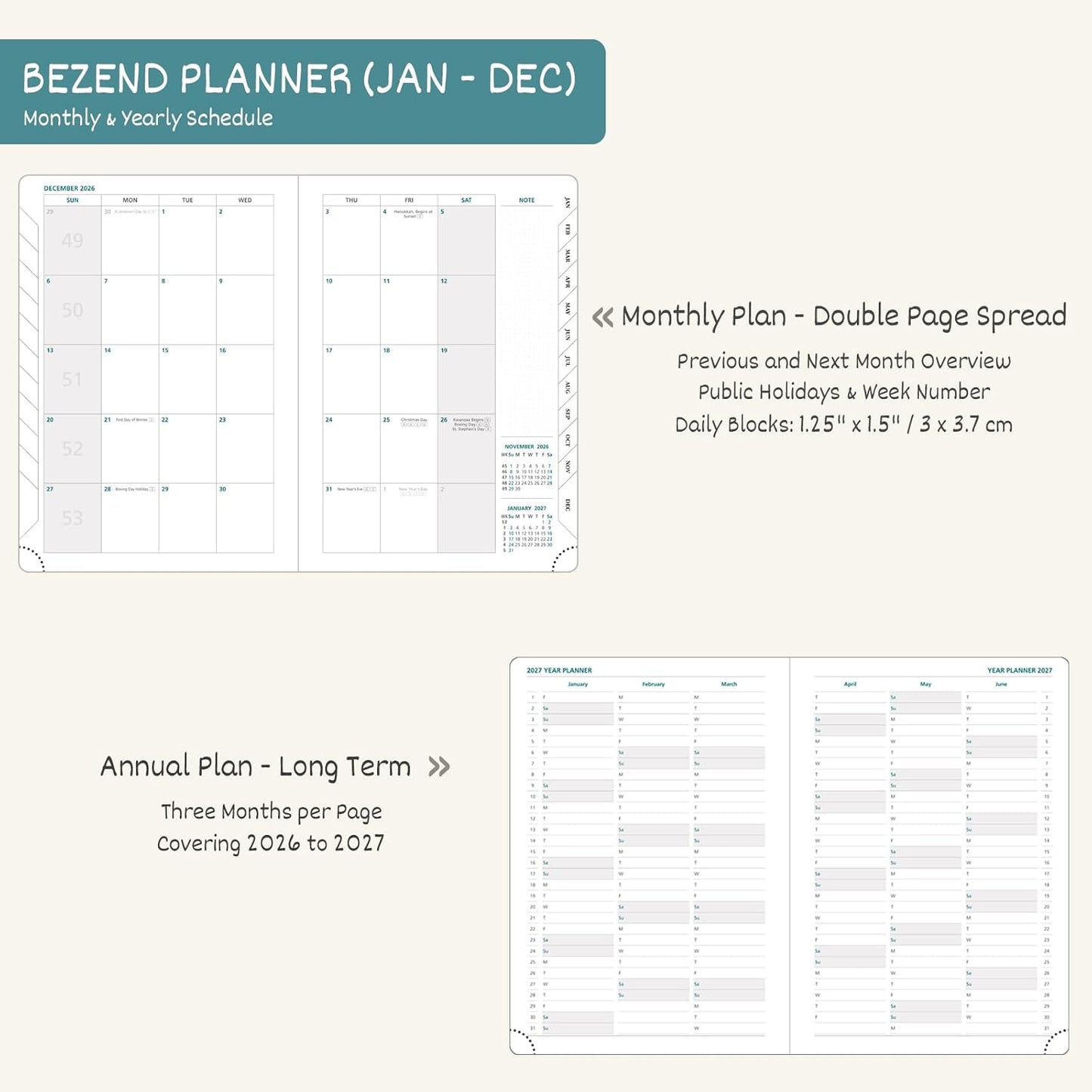BEZEND 2026 Planner Weekly and Monthly (6" x 8.5") Daily Calendar with Half-Hourly Timeslots & Tabs (Jan-Dec) Note & Expenses, Pen Holder, Inner Pocket, Vegan Leather Hardcover - Turquoise