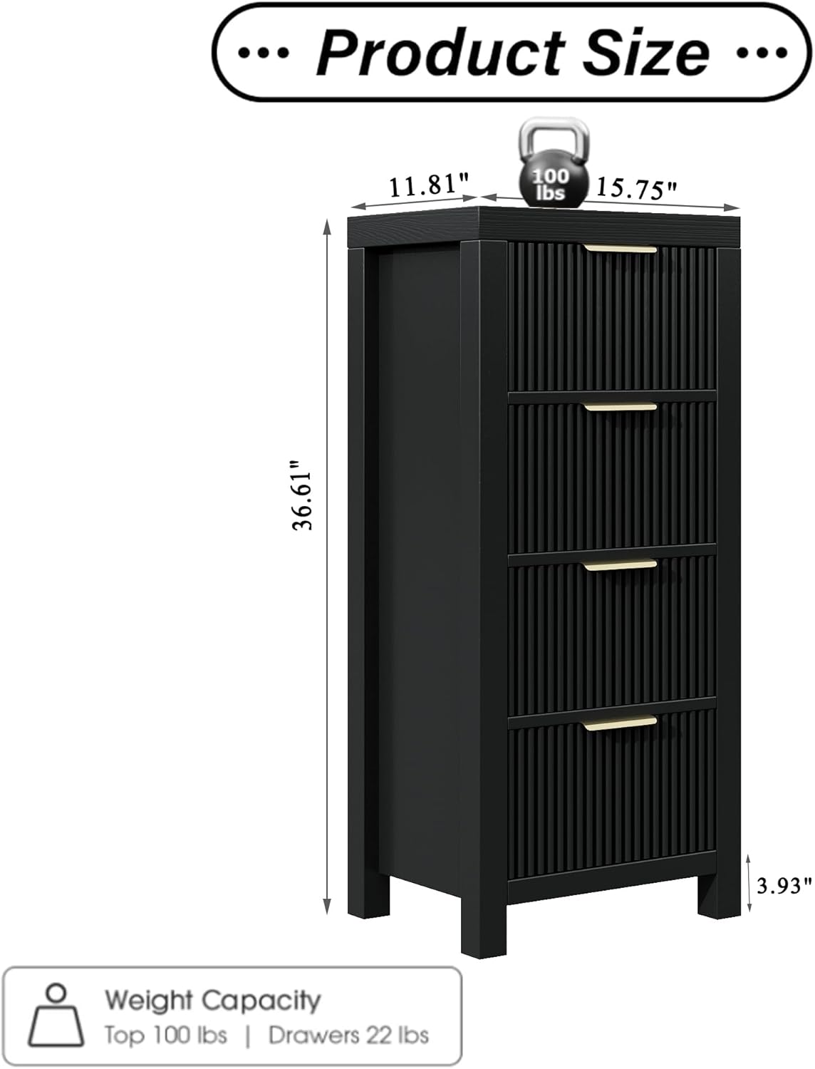 Tall Mid-Century Dresser with 4 Large Drawers, Black Wood Storage Cabinet with Metal Handles for Entryway, Bedroom, or Office