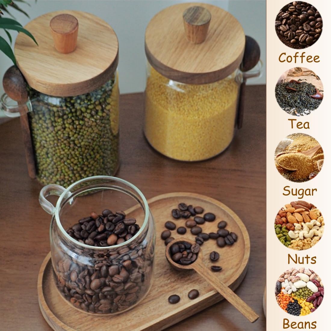 ANSQU Set of 2 Glass Food Storage Jars with Bamboo Wood Lid and Spoon, 20.3oz Glass Kitchen Canisters for Coffee, Tea, Cereal, Spice and Canning, Mason Jars, Cute Jar