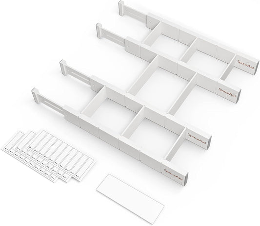 SpaceAid Bamboo Drawer Dividers with Inserts and Labels, Kitchen Adjustable Drawer Organizers, Expandable Organization for Home, Office, Dressers, 4 Dividers with 9 Inserts (17"-22" White)