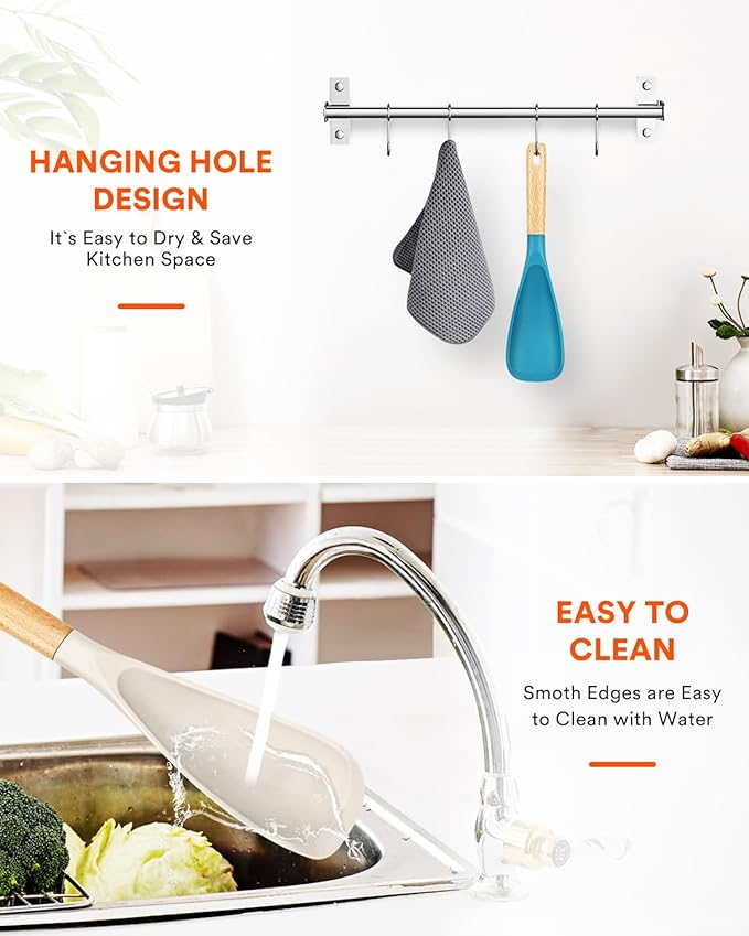 Cooking Spoon for Nonstick Cookwares, Great for Cooking and Serving Sturdy BPA-Free Matte Silicone, Wood Handle Spoon for Mixing, Scoop, and Scrape (Khaki & Turquoise, 11.4 inch)