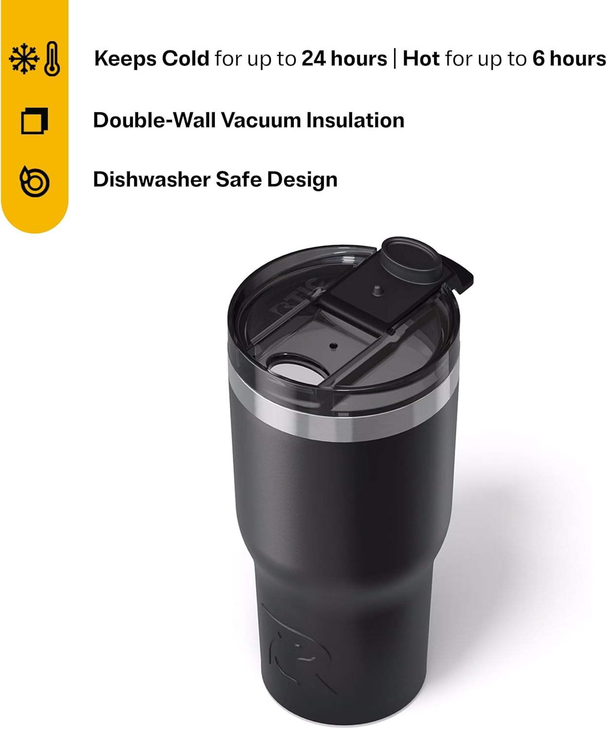 RTIC 20oz Essential Tumbler with Lid, Ceramic Lined, Insulated, Stainless Steel, Metal, Double Wall Vacuum-Insulation, Travel Cup for Iced Coffee, Tea, Hot and Cold Drink, Black