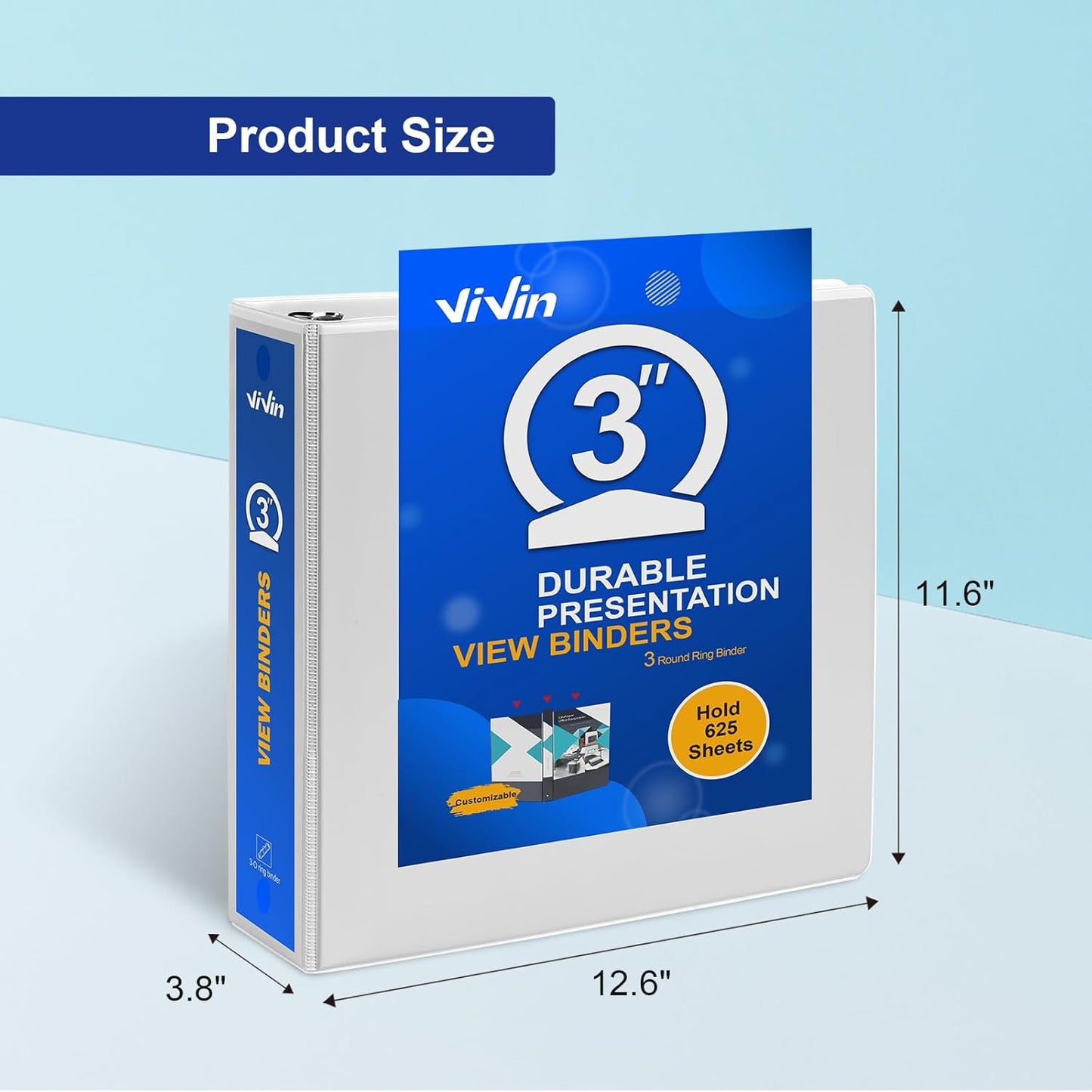 ViVin 3 Ring Binder 3 inch with Clear View Cover, Large 3" Round Ring for Strength, Holds 600 Sheets of US Letter Size Paper, Office Home School, 2 Pack (White)