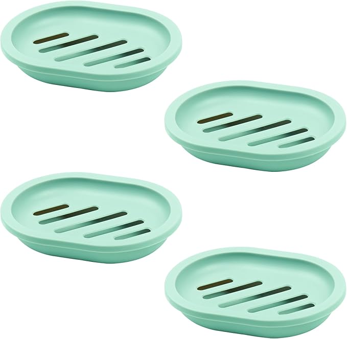 4Pcs Double-Layer Bar Soap Holder for Shower Soap Dish with Drain Soap Saver Box Container Plastic Soap Dish for Bathroom Counter,Kitchen,Toilet (Green)
