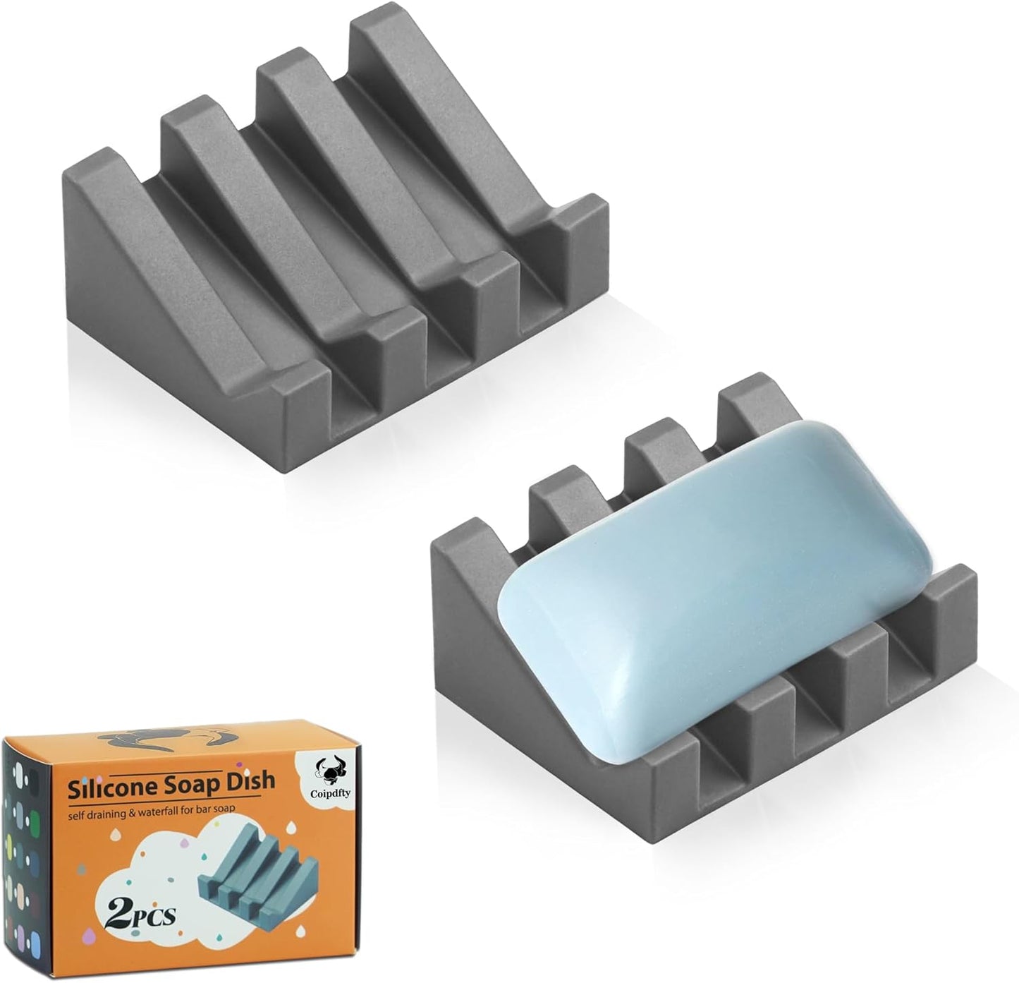 Self Draining Soap Dish Holder,Silicone Soap Dish,for Bathroom,Kitchen, Sponges，Can Extend Soap Life，Keep Soap Bars Dry and Easy Cleaning (2, Grey)