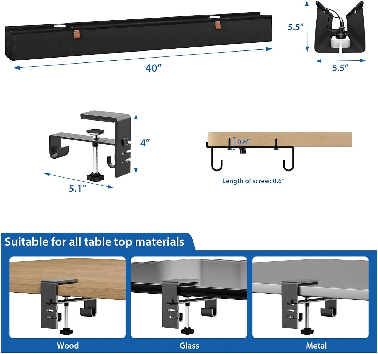 Zilink No Dril Under Desk Cable Management Tray 40" Cable Organizer Clamp/Screw Mount Premium Fabric Desk Wire Management for Office Home
