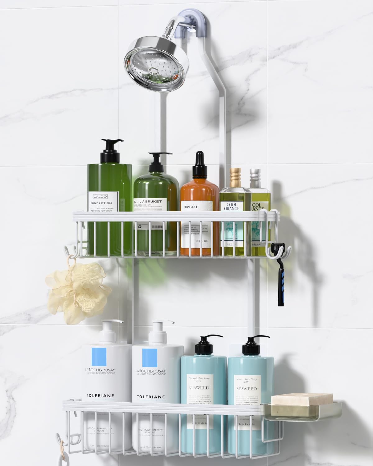 YASONIC Shower Caddy Hanging, Never Rust Shower Organizer Hanging, Aluminum Shower Racks for Inside Shower with Hooks for Razor, Bathroom Organizers and Storage with Soap Holder, White