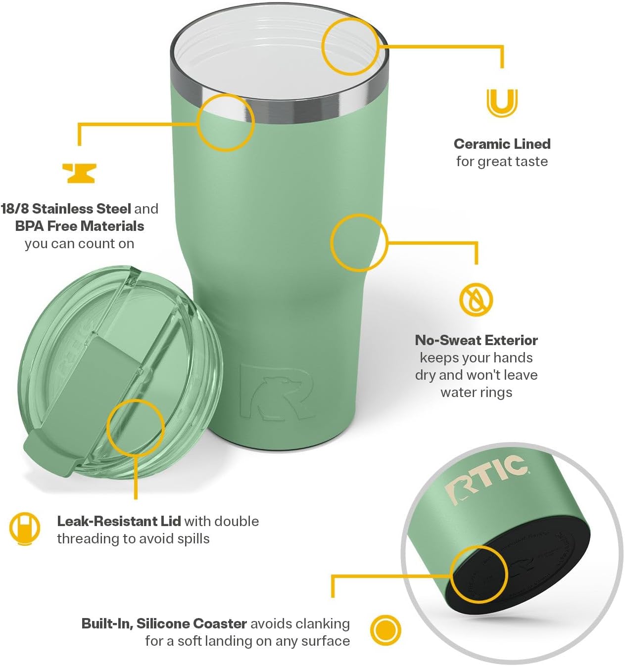 RTIC 30oz Essential Tumbler with Lid, Ceramic Lined, Insulated, Stainless Steel, Metal, Double Wall Vacuum-Insulation, Travel Cup for Iced Coffee, Tea, Hot and Cold Drink, Sage