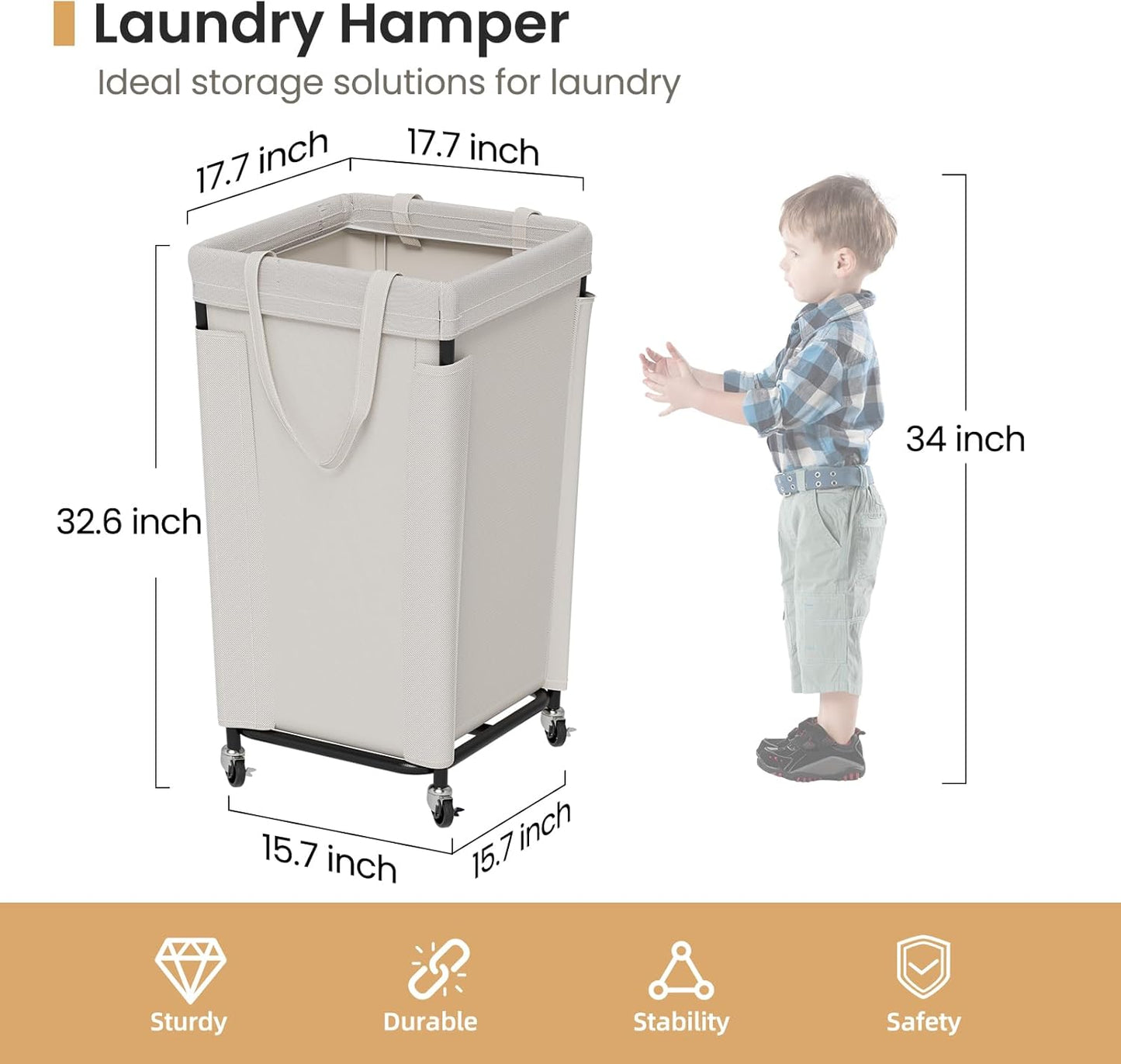 Laundry Basket with Wheels, Laundry Hamper with Removable Bag and Steel Frame, 160L Rolling Dirty Clothes Basket for Bedroom, Bathroom, Laundry Room (Beige)