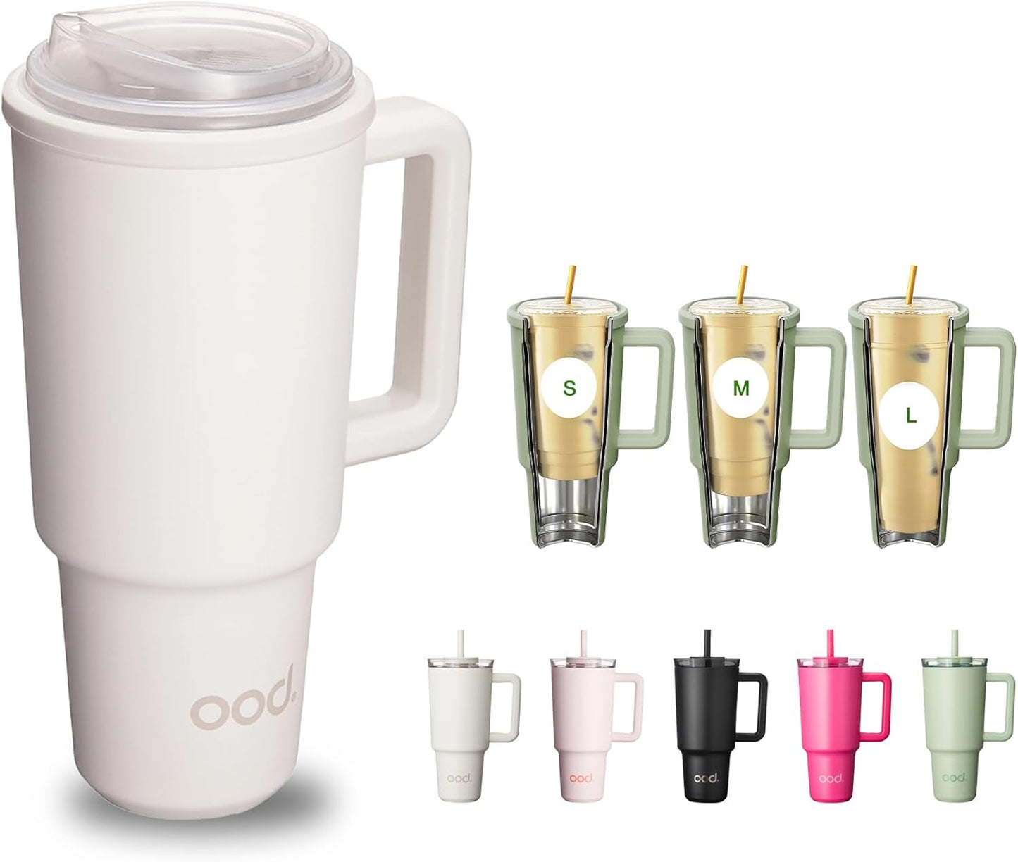 OOD OniVerso 40 oz Stainless Steel Insulated Tumbler with Handle and Straw, Iced Coffee Cup Holder for Disposable Cups, Leak Proof Tumbler, Metro Fog (White)