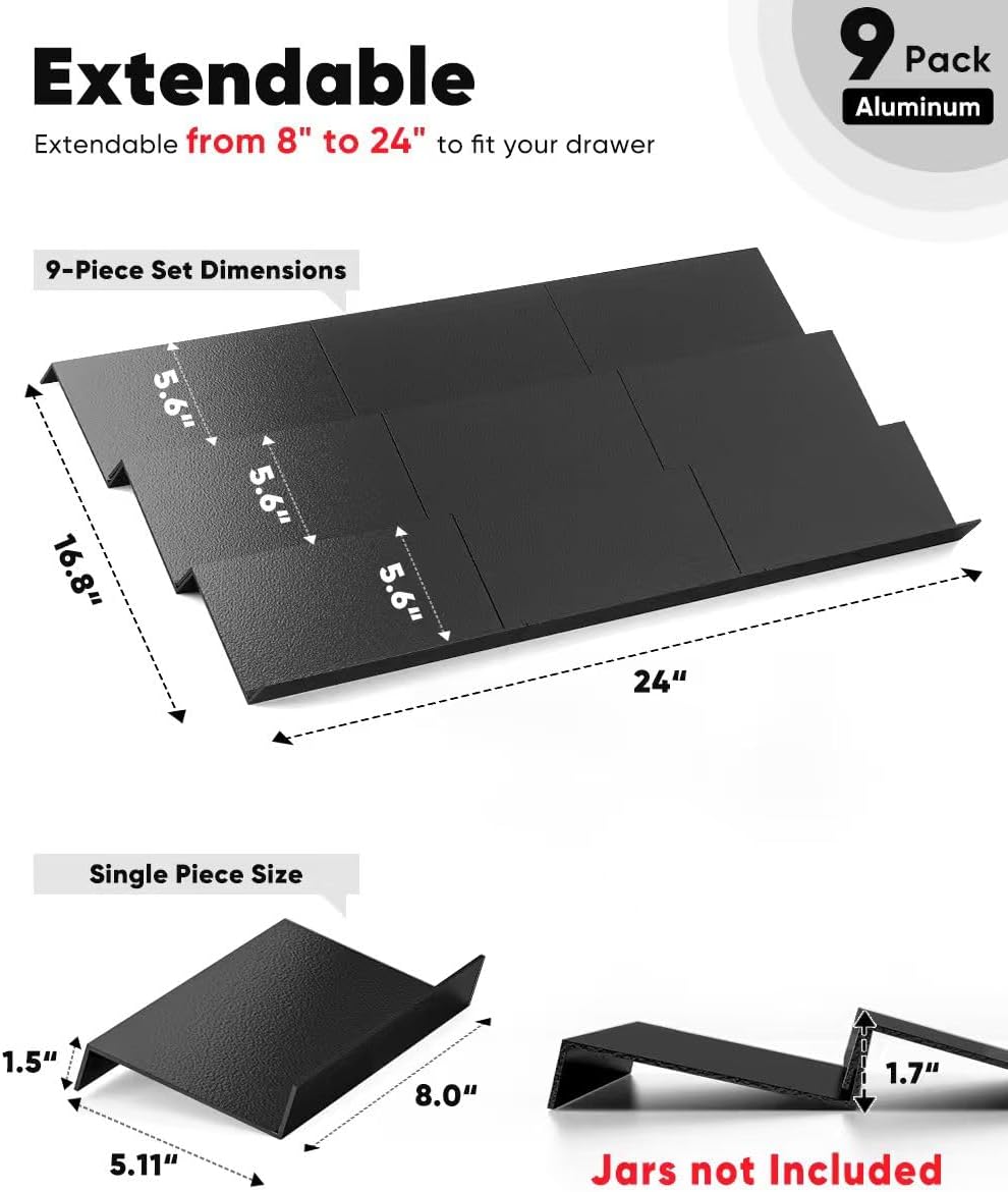 Artibear Expandable Spice Rack Drawer Organizer for 8" to 24" Kitchen Cabinets Drawer Tray, Set of 9