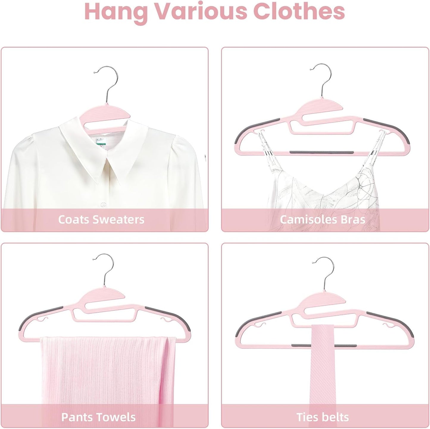 BAGAIL Plastic Hangers 50 Pack with Non-Slip Design,0.2 Inches Thick, 360°Swivel Hook Space Saving Organizer for Bedroom Closet,Shirts,Pants(Pink- S Shaped)