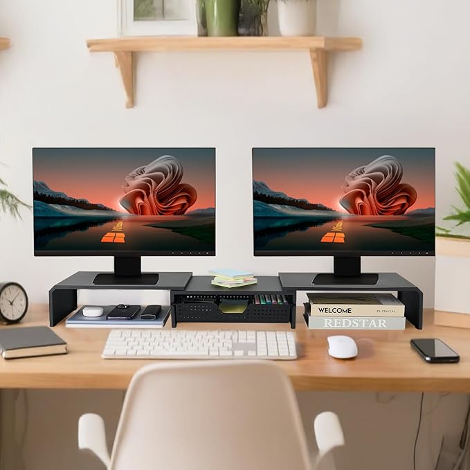 Dual Monitor Stand Riser with Drawer, Computer Stand for Desk, Workspace Desktop Stand, Desk Organizer for Computer, Laptop, TV and More (Black)