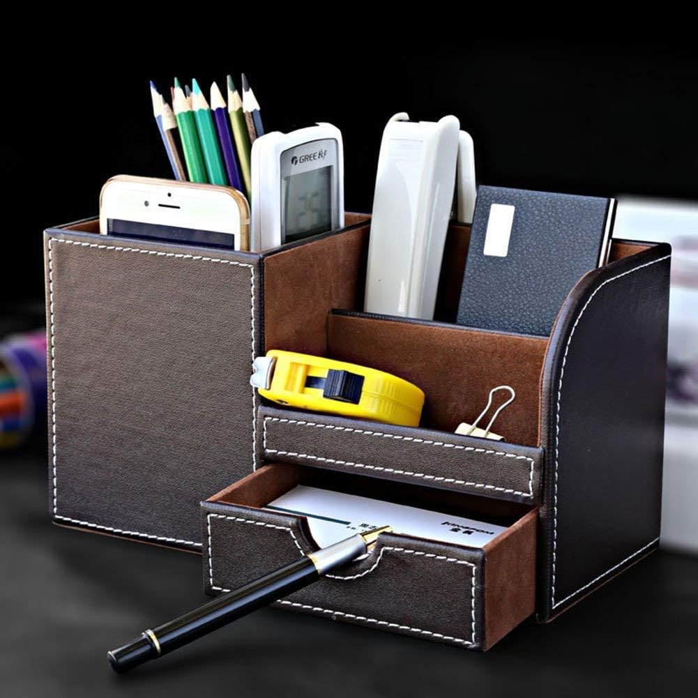 KINGFOM Desk Organizer Office Supplies Caddy Pu Leather Multi-function Storage Box Pen/Pencil,Cell phone, Business Name Cards Remote Control Holder with Small Drawer Brown