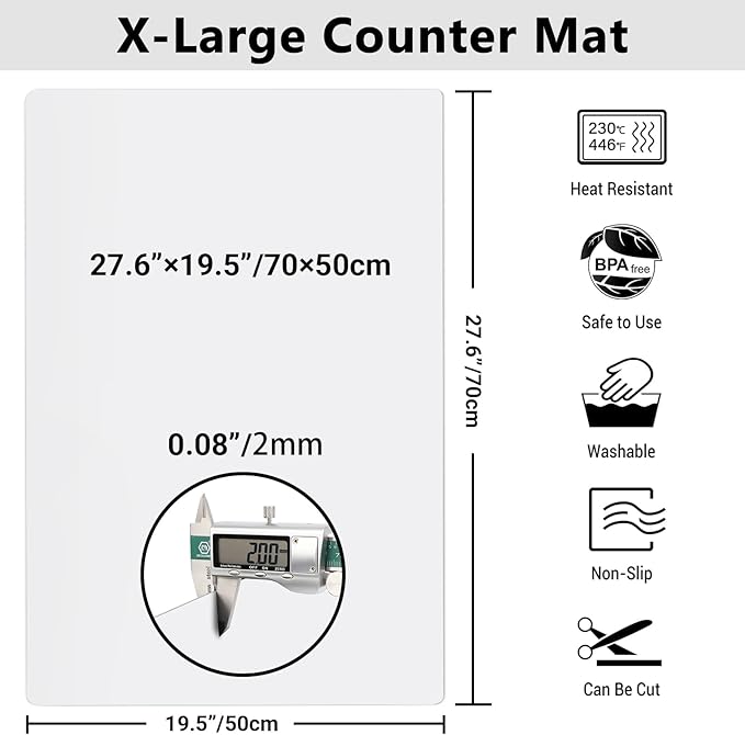 Ewen 27.6x19.5in 2mm Silicone Mats for Kitchen Counter, Thick Large Heat Resistant Non-Stick Silicone Placemat, Nonslip Workbench Mat Countertop Protector for Desk Crafts Air Fryer Pastry Translucent