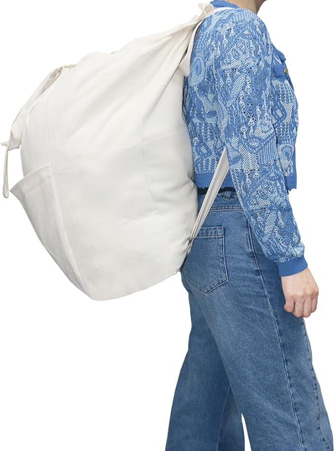 100% Breathable Cotton Canvas Laundry Backpack Bags with Drawstring Closure & Shoulder Straps & 2 Handles, Washable in Machine, Good for Laundromat, Clean Store, College Dormitory, Travel Duffel Bag