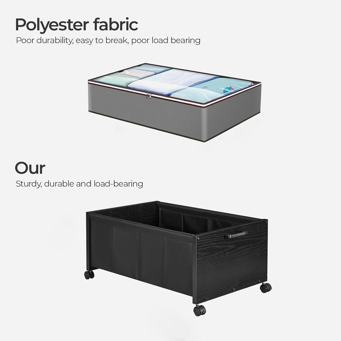 Under Bed Storage with Wheels, Wooden Under Bed Drawers On Wheels, Rolling Under Bed Shoe Storage, Space Saving, Black,70L